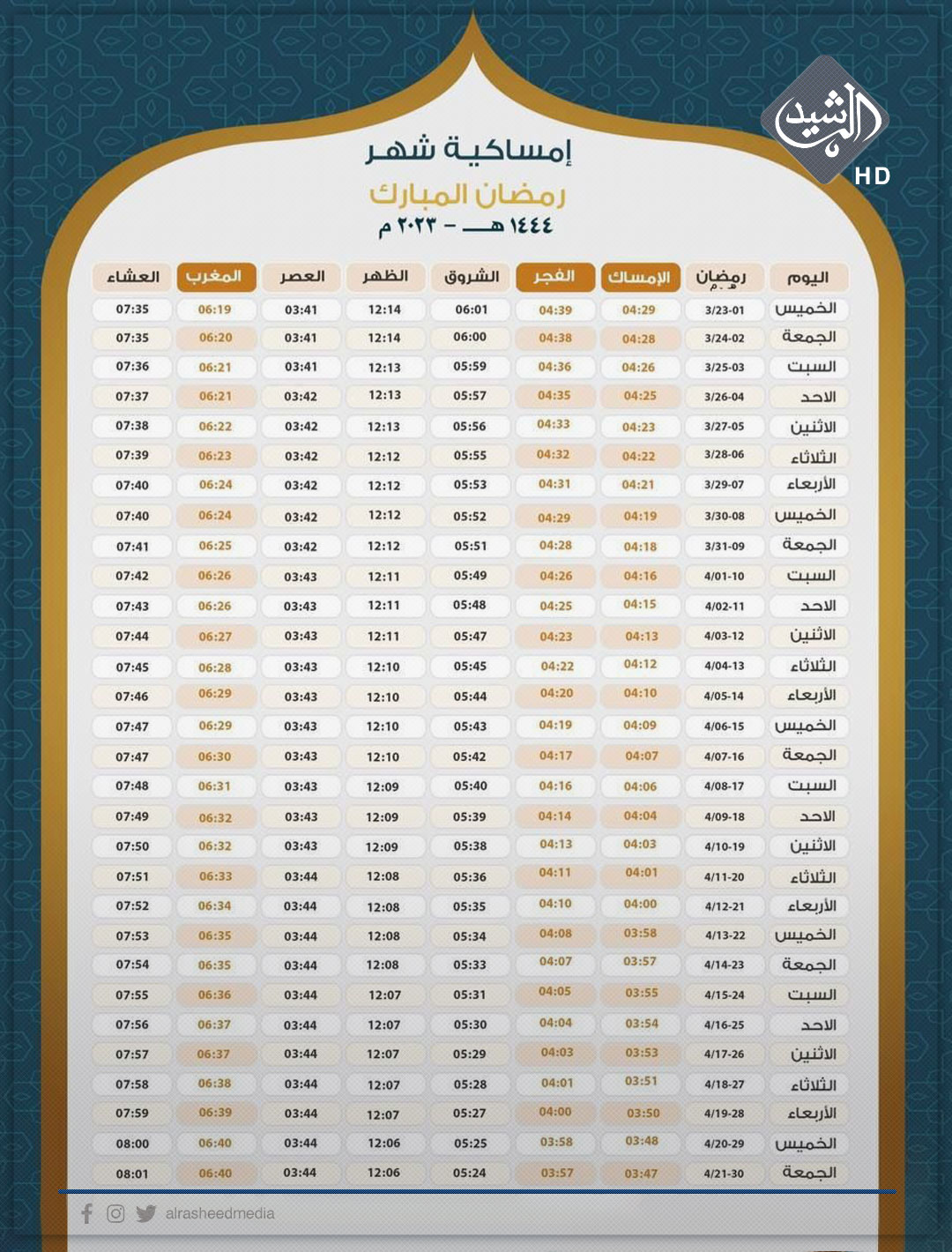 ديوان الوقف السنّي ينشر إمساكية شهر رمضان