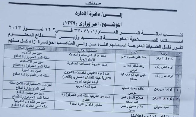 بالوثيقة.. الدفاع تجري تغييرات إدارية في ستة مناصب