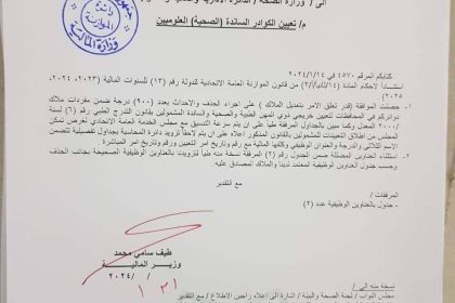 المالية توافق على تخصيص 900 درجة لتعيين ذوي المهن الصحية