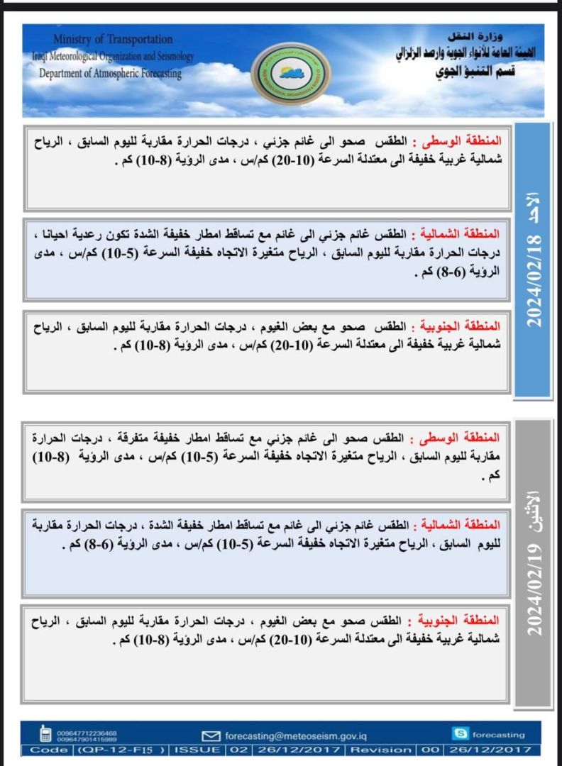 طقس العراق.. أمطار خفيفة متفرقة وارتفاع درجات الحرارة خلال الأيام المقبلة