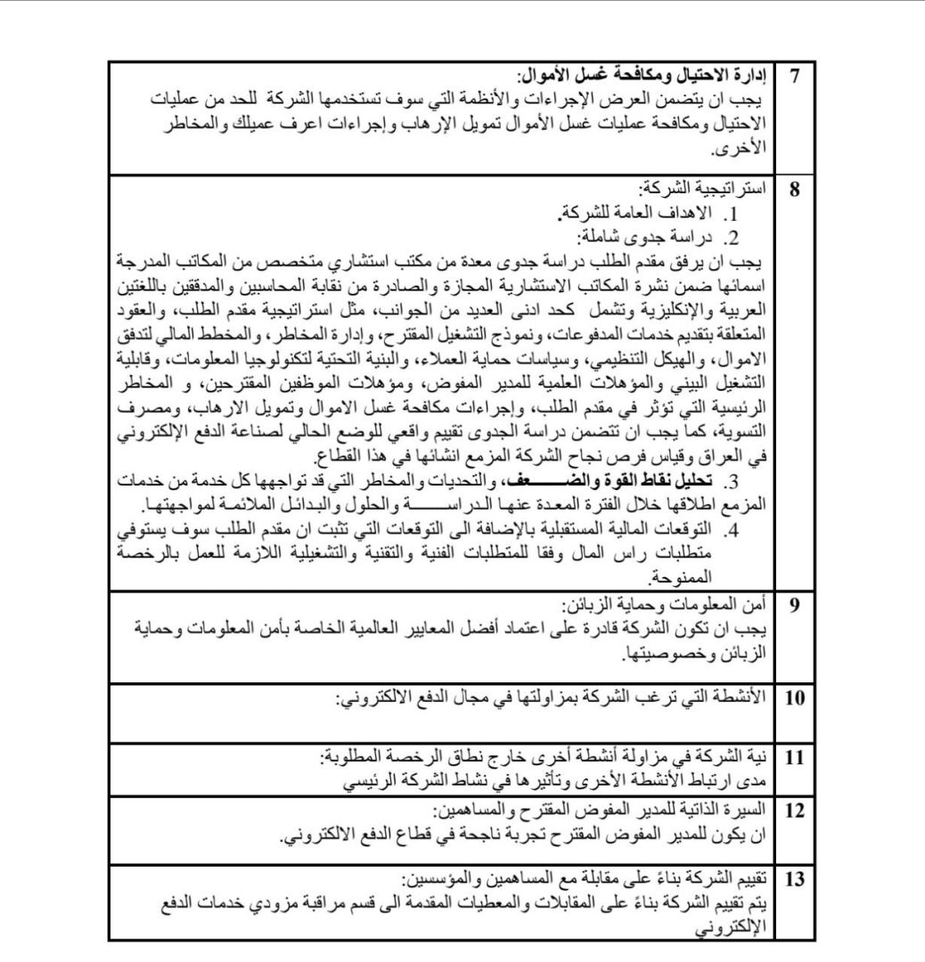البنك المركزي العراقي يعلن آلية منح طلبات ترخيص لشركات الدفع الإلكتروني