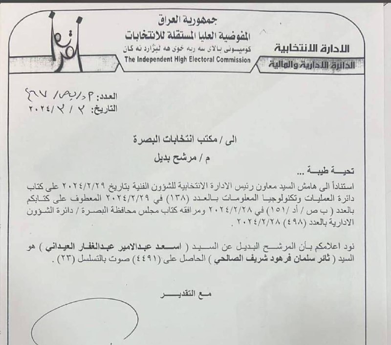 بالوثيقة.. ثائر الصالحي بديلاً عن المحافظ أسعد العيداني في مجلس محافظة البصرة