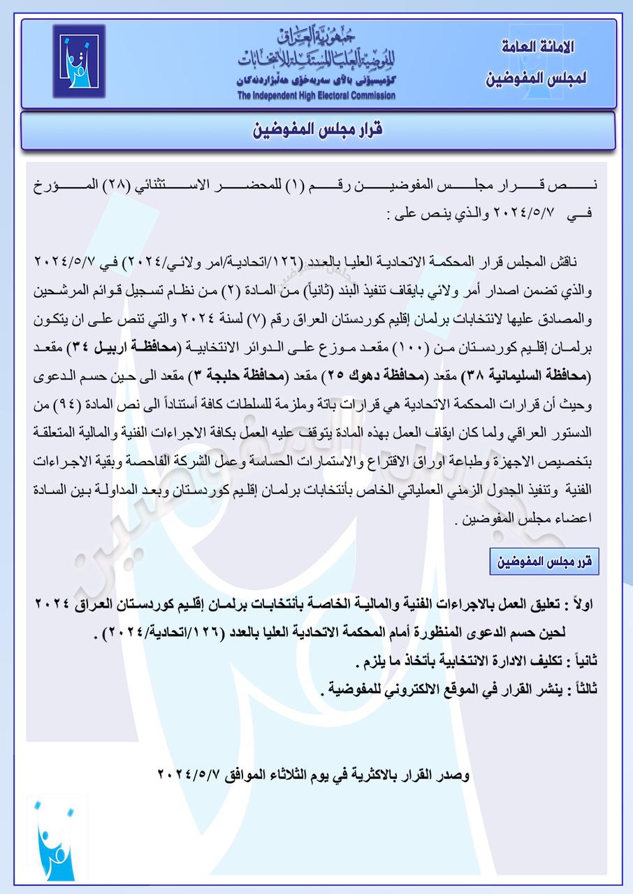 مجلس المفوضين يقرر تعليق العمل بالإجراءات الفنية والمالية لانتخابات برلمان كردستان