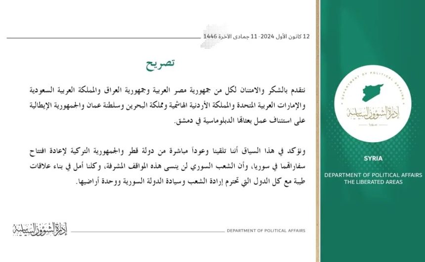 الحكومة السورية الانتقالية تشكر العراق لاستئناف عمل بعثته الدبلوماسية في دمشق