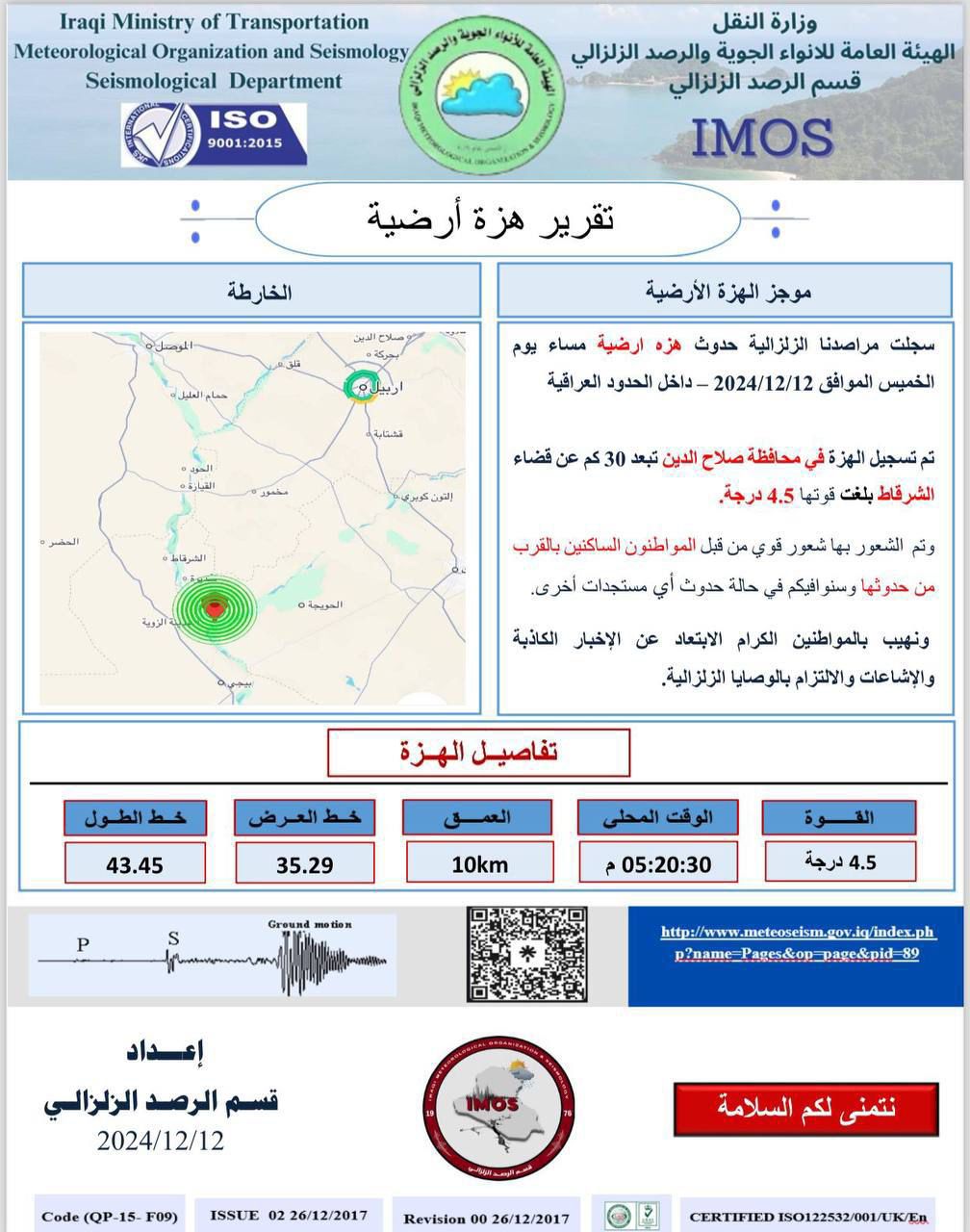 هزة أرضية بقوة 4.5 درجة في صلاح الدين