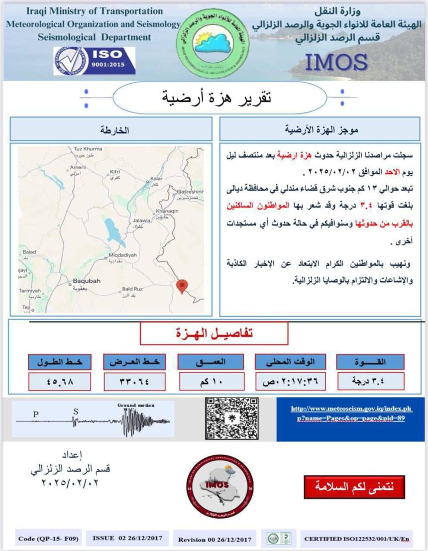 تسجيل هزة أرضية بقوة 3.4 جنوب شرق قضاء مندلي في ديالى