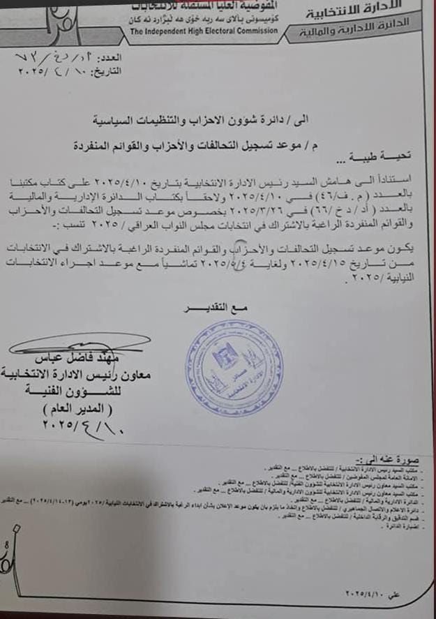 المفوضية تحدد موعد تسجيل التحالفات والأحزاب والقوائم المنفردة الراغبة بالاشتراك بالانتخابات