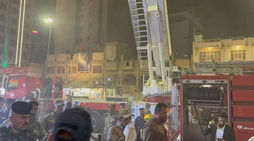 فرق الدفاع المدني تنقذ 140 نزيلاً من حريق اندلع داخل فندق في كربلاء