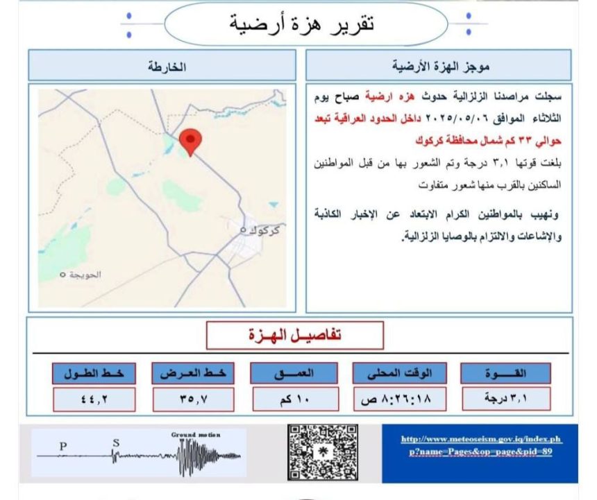 الرصد الزلزالي: تسجيل هزات أرضية متتالية شمال كركوك آخرها بقوة 3.1
