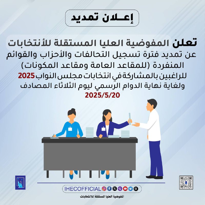 المفوضية: تمديد تسجيل التحالفات السياسية والأحزاب والقوائم المنفردة حتى 20 أيار الجاري