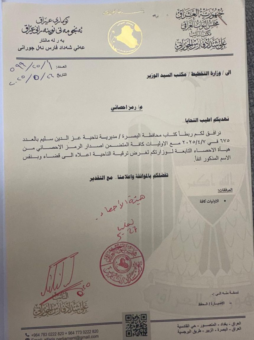 بالوثيقة.. وزير التخطيط يوافق على تحويل ناحية الشهيد عز الدين سليم في البصرة إلى قضاء