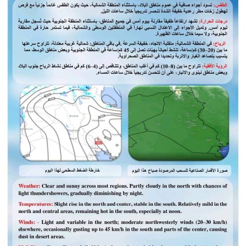 طقس العراق خلال العيد.. ارتفاع بالحرارة بعموم البلاد وفرصة لتساقط زخات مطر في الشمال
