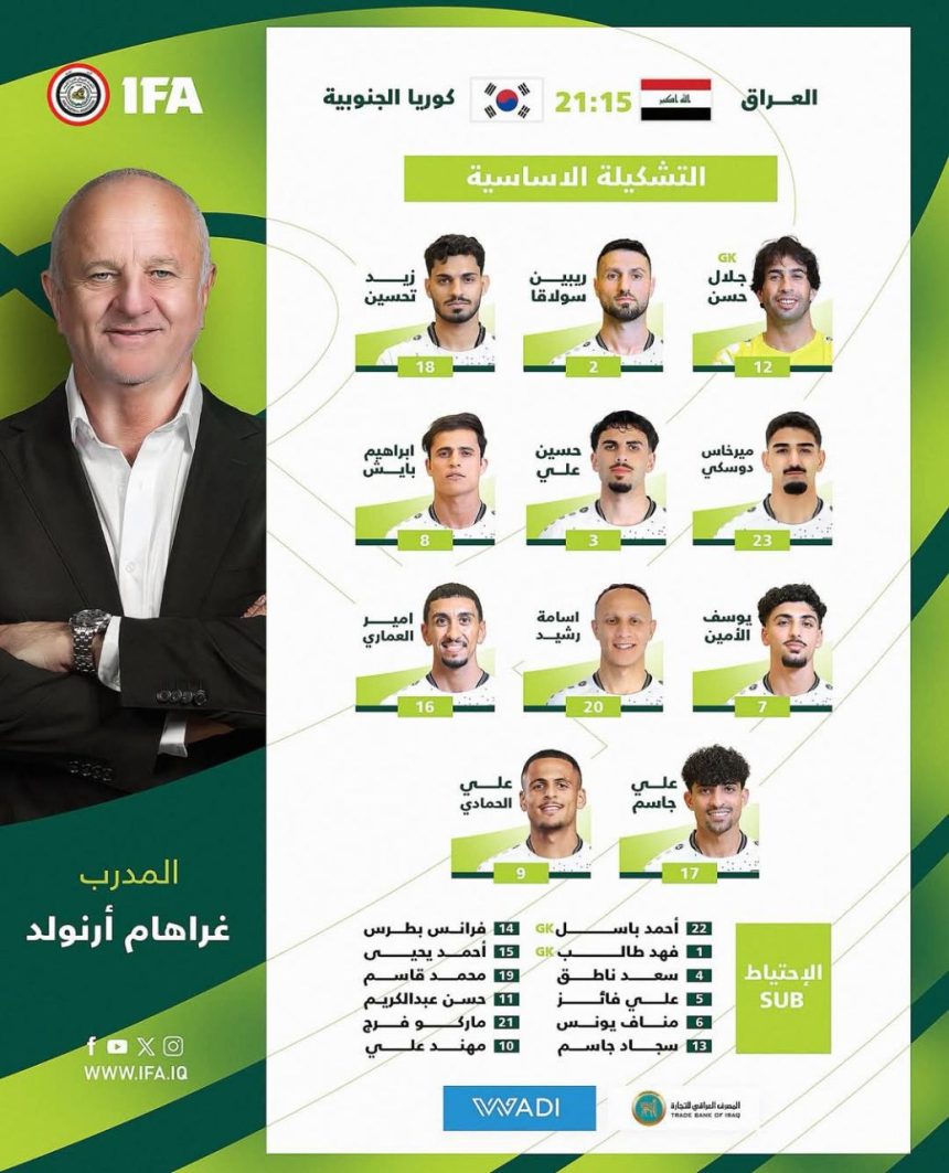 تشكيلة المنتخب الوطنيّ العراقي لمُواجهة نظيره الكوري الجنوبي