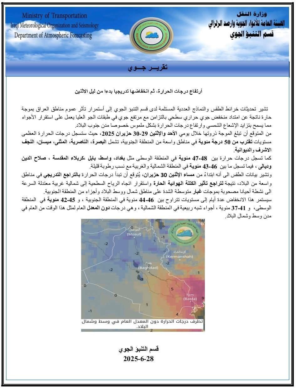 الأنواء الجوية: العراق يتأثر بموجة حارة تبلغ ذروتها الأحد والإثنين وبعدها تنخفض درجات الحرارة