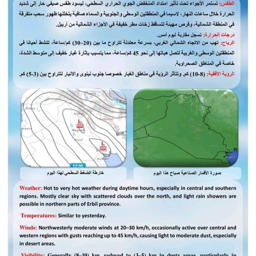 طقس العراق.. ارتفاع جديد بدرجات الحرارة وتصاعد الغبار خلال الأيام المقبلة