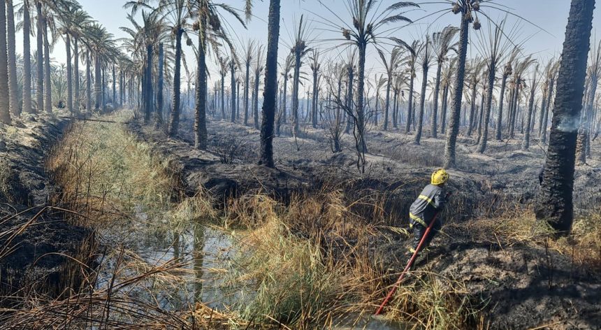 فرق الدفاع المدني تخمد حريقاً اندلع في أراضي زراعية شمالي البصرة