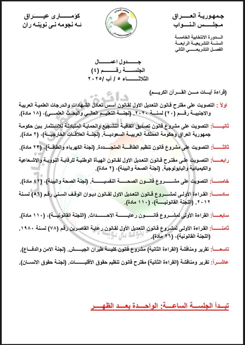 مجلس النواب ينشر جدول أعمال جلسة الغد