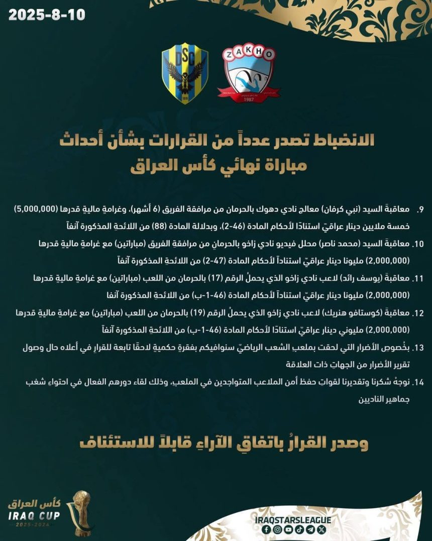 اتحاد الكرة يقرر معاقبة ناديي زاخو ودهوك بعد أحداث شغب في نهائي كأس العراق