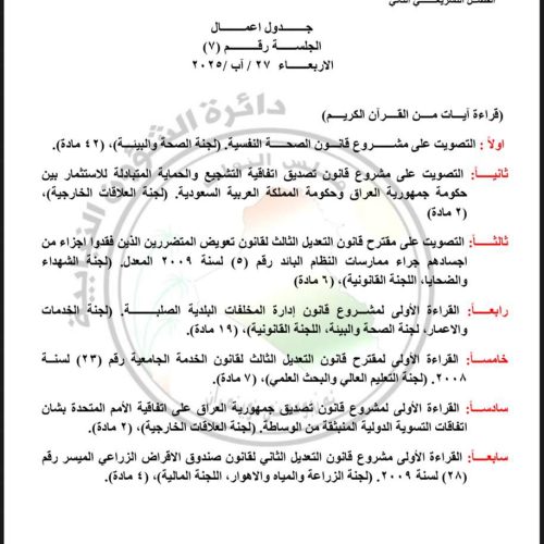 البرلمان ينشر جداول اعمال 3 جلسات الاسبوع المقبل