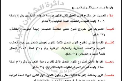 البرلمان ينشر جداول اعمال 3 جلسات الاسبوع المقبل