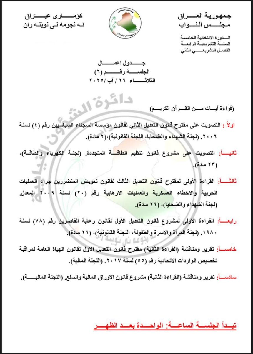 البرلمان ينشر جداول اعمال 3 جلسات الاسبوع المقبل