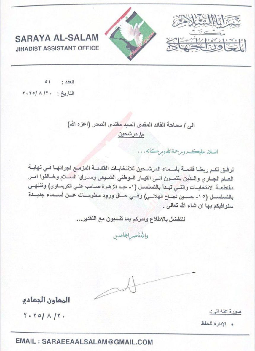 السيد الصدر يتبرأ من مرشحين ينتمون للتيار الوطني الشيعي مخالفين لقرار مقاطعة الانتخابات