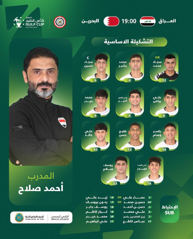 الرشيد تنشر تشكيلةُ منتخب الشباب لمواجهةِ نظيره البحريني بكأس الخليج دون 20 عاماً