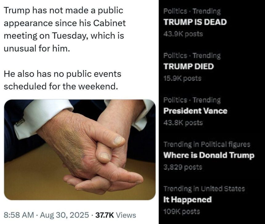 وسم "ترامب ميت" يتصدر منصات التواصل وترقب للكشف عن أسباب تغيبه