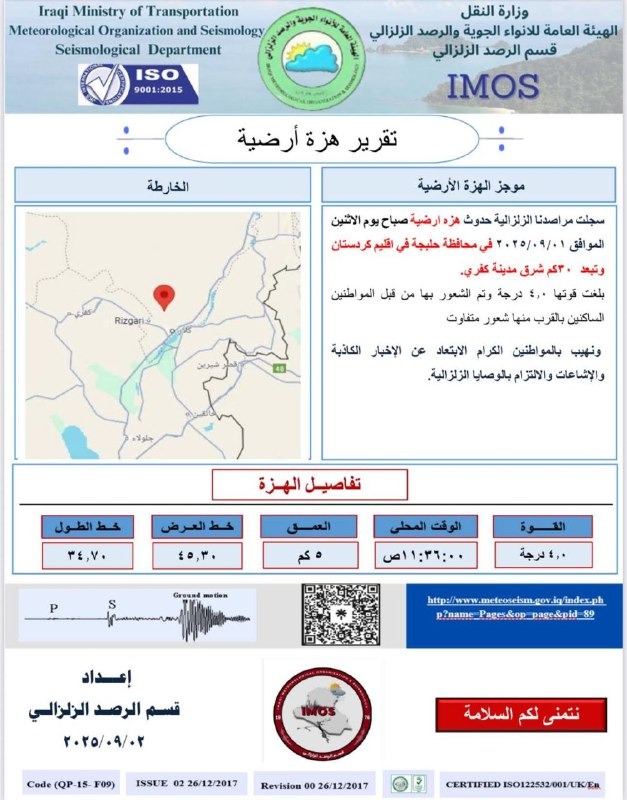 هزة أرضية بقوة (4) درجات تضرب حلبجة