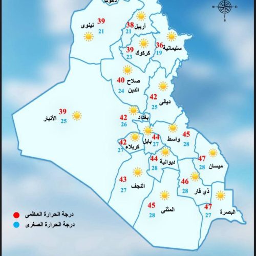 طقس العراق.. ست محافظات تسجل دون الأربعين مئوية يوم غد