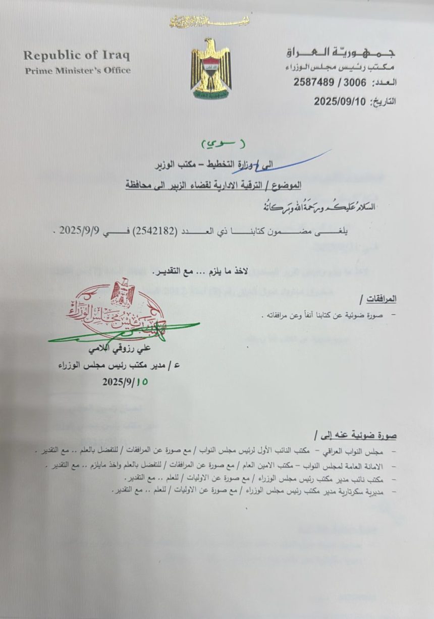 مكتب السوداني يوجه بإلغاء مضمون كتابه السابق بشأن ترقية قضاء الزبير إلى محافظة