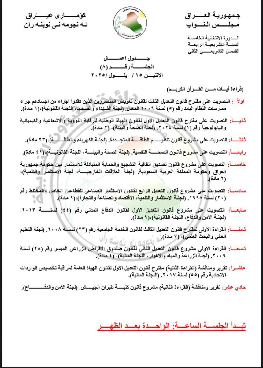 جدول اعمال مجلس النواب لجلسة الاثنين المقبل