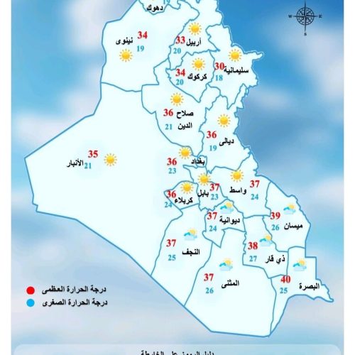 باستثناء البصرة.. جميع محافظات العراق تسجل حرارة دون الأربعين يوم غد