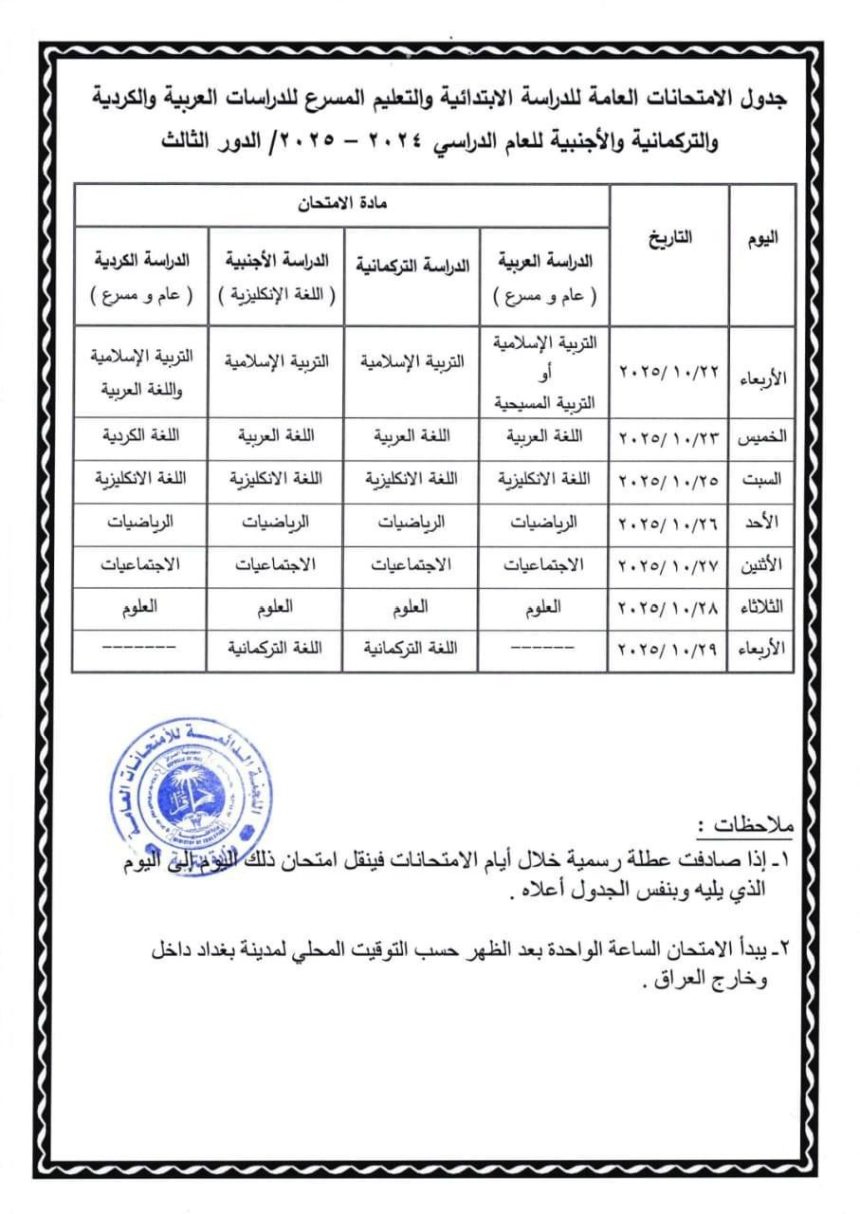 التربية تعلن جدول امتحانات الدور الثالث للمراحل المنتهية