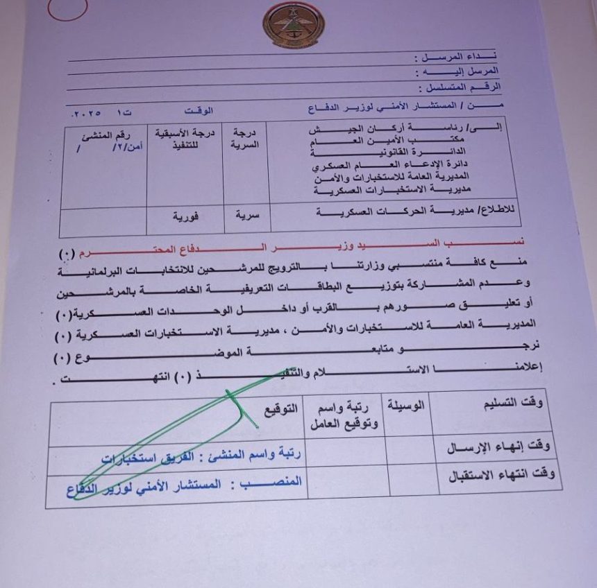 بالوثيقة.. الدفاع تقرر منع منتسبيها من الترويج للمرشحين أو تعليق صورهم بالقرب أو داخل الوحدات العسكرية
