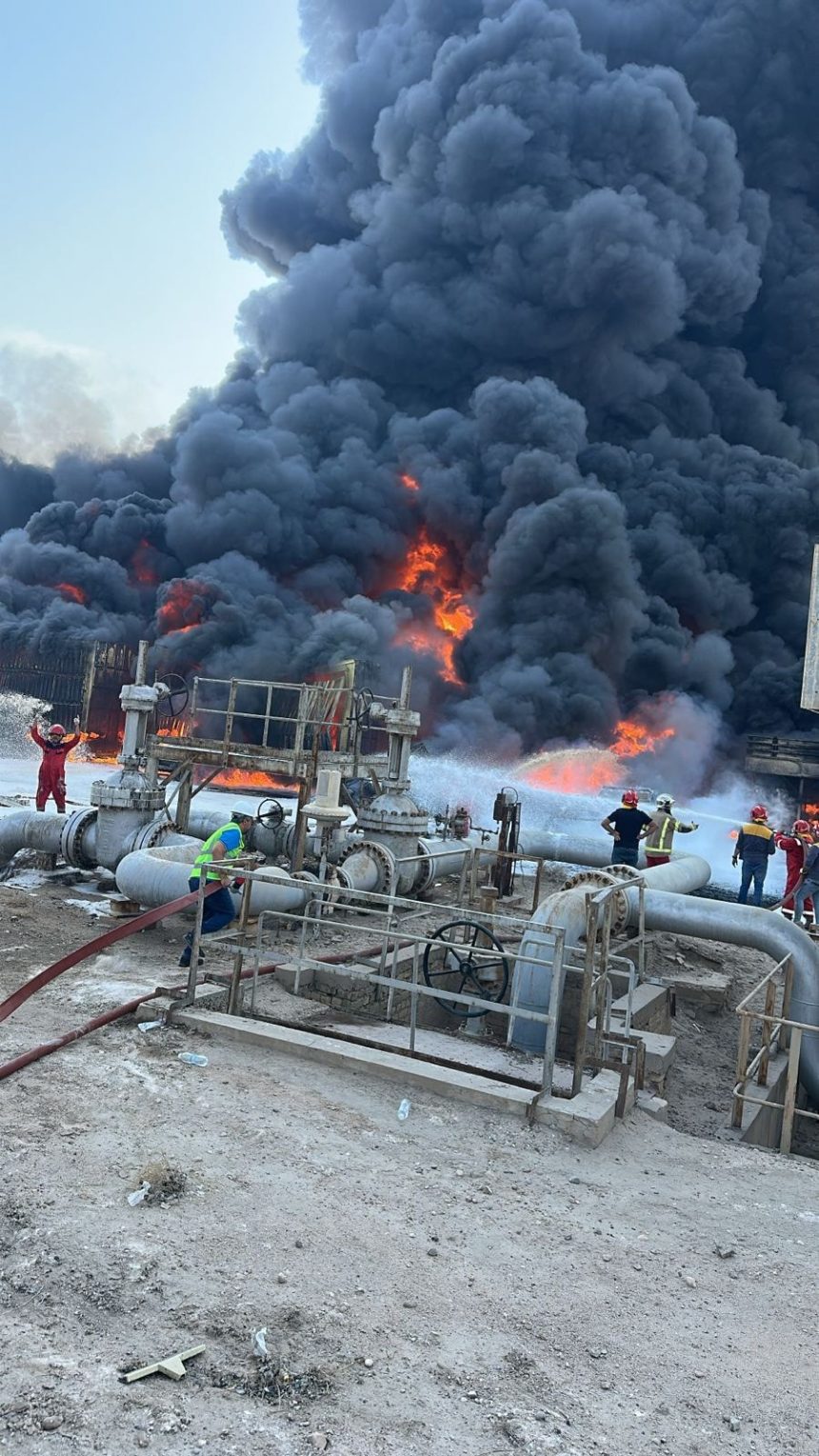 الدفاع المدني في البصرة: السيطرة على حريق اندلع نتيجة انفجار أحد التوربينات بموقع البرجسية النفطي