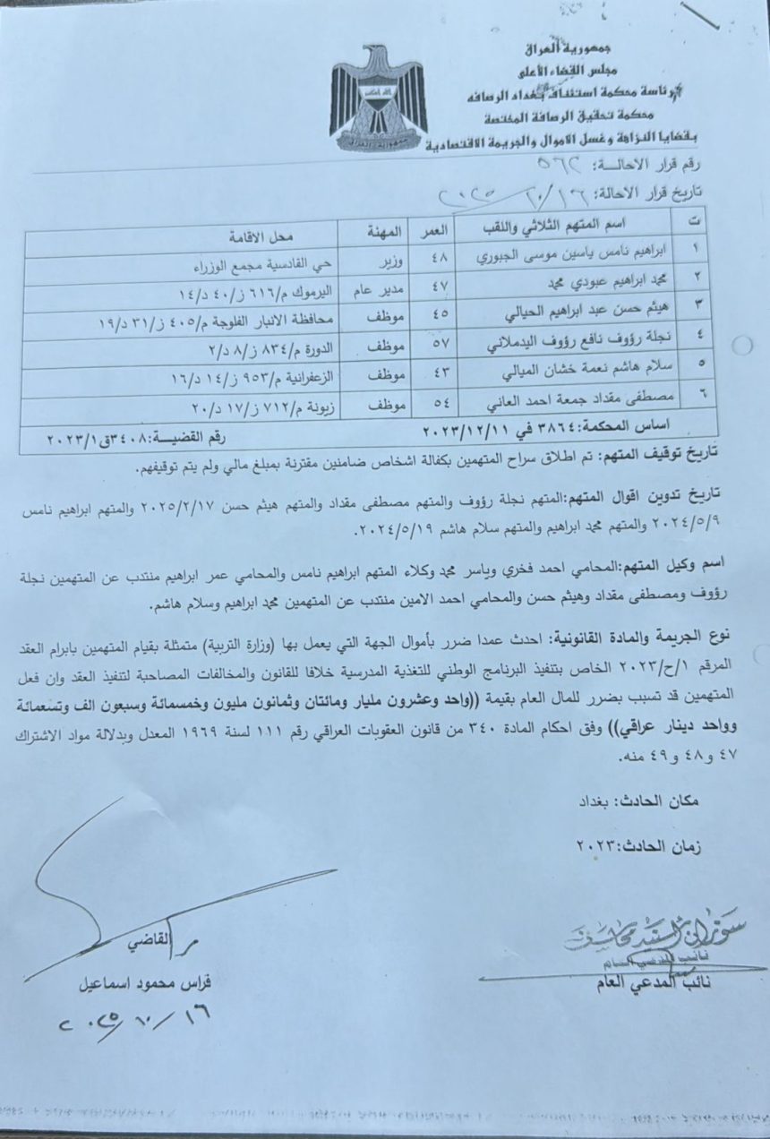 محكمة النزاهة تحيل وزير التربية إلى محكمة الجنايات لإضراره بأموال الدولة بأكثر من 21 مليار دينار