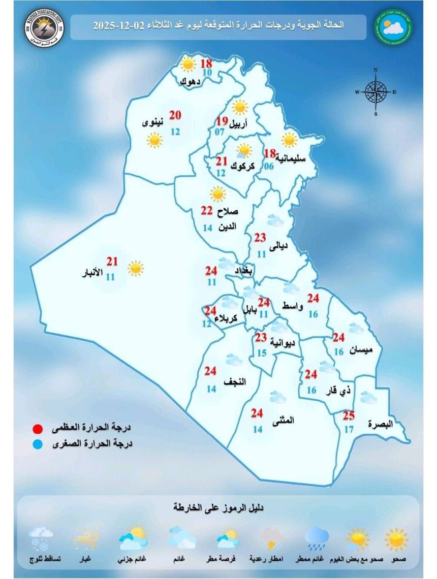 طقس العراق.. فرصة لهطول أمطار وانخفاض درجات الحرارة خلال الأيام المقبلة