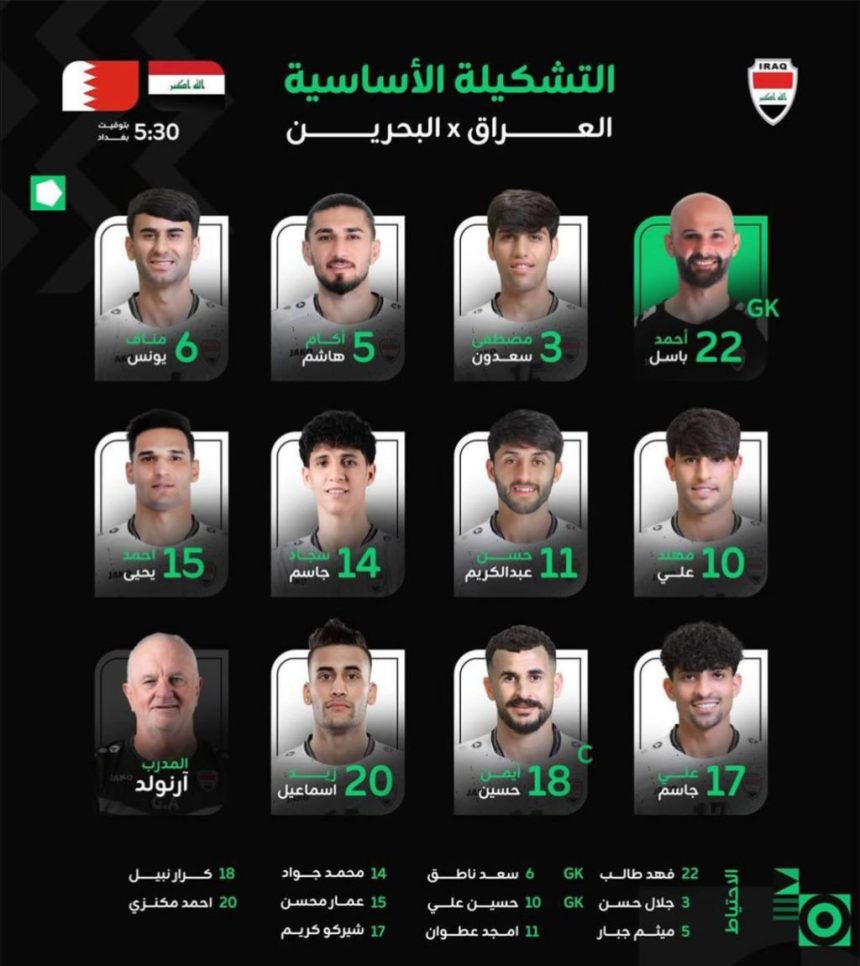 تشكيلة المنتخب الوطني العراقي لمواجهة البحرين في كأس العرب