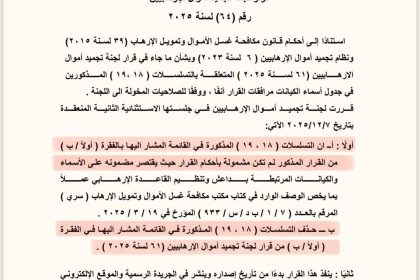 بالوثيقة.. رفع حزب الله وحركة أنصار الله من قائمة تجميد أموال الإرهابيين