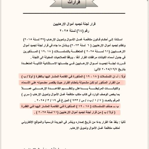 بالوثيقة.. رفع حزب الله وحركة أنصار الله من قائمة تجميد أموال الإرهابيين