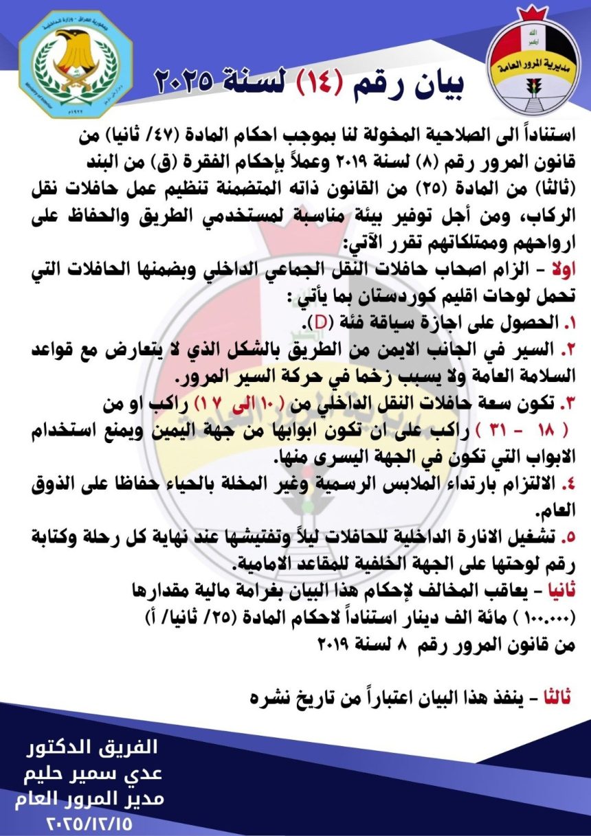 بينها ارتداء الملابس غير المخلة.. المرور تصدر توجيهات تنظم عمل أصحاب حافلات النقل الجماعي الداخلي