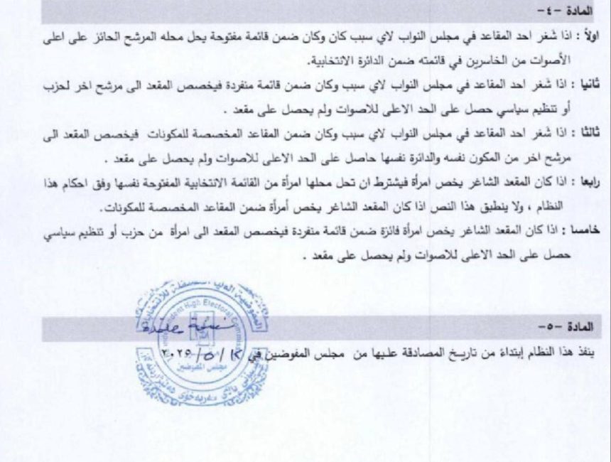 المفوضية تنشر المادة الخاصة بالمقاعد البرلمانية الشاغرة واستبدالها