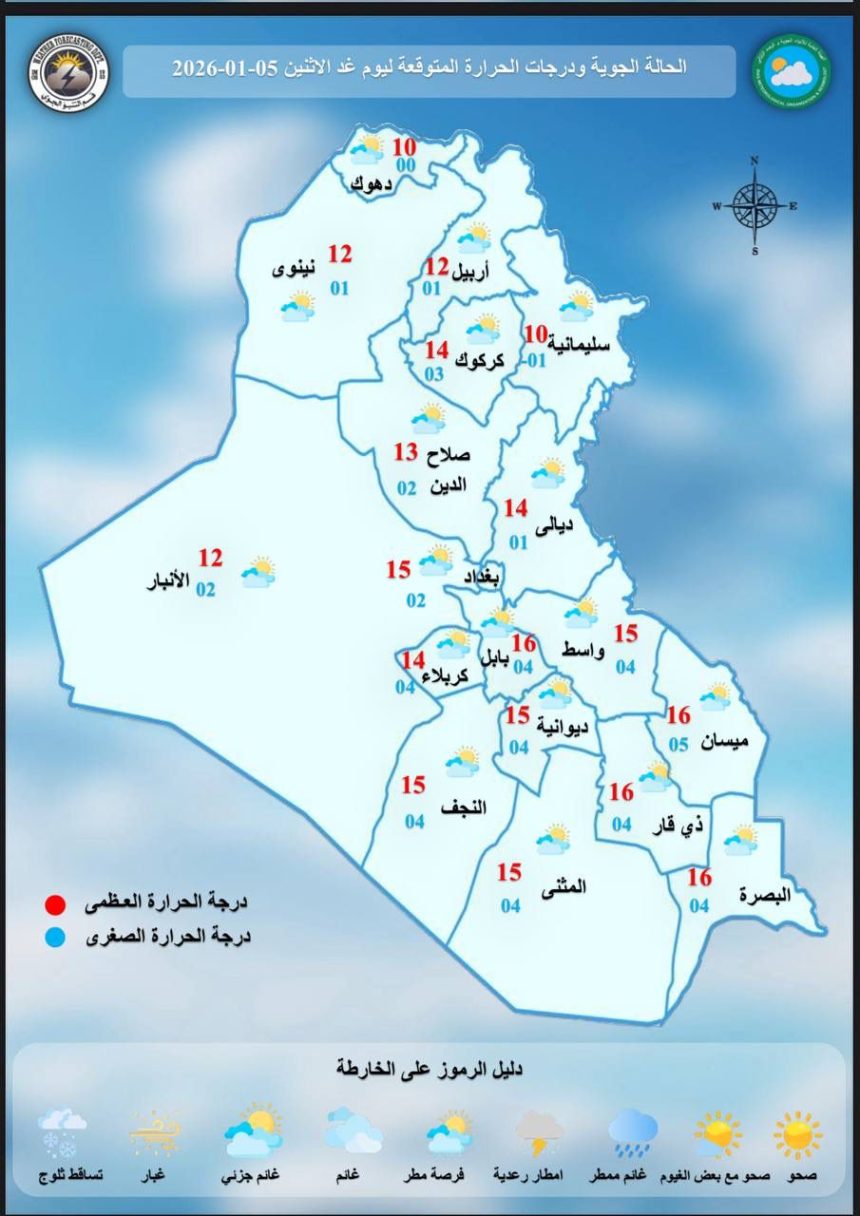 طقس العراق.. غيوم وضباب وارتفاع بدرجات الحرارة خلال الأيام المقبلة