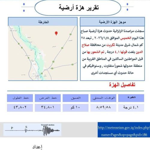 الرصد الزلزالي: هزة أرضية بقوة 4.1 درجة شرق تكريت في محافظة صلاح الدين