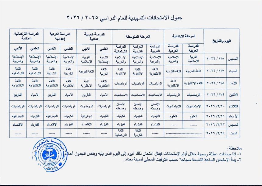 التربية تعلن جدول الامتحانات التمهيدية للمراحل الدراسية "الابتدائي والمتوسط والإعدادي"