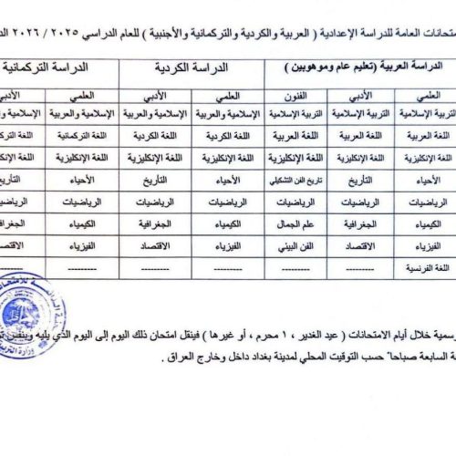 التربية تعلن جدول الامتحانات العامة للدراسة الإعدادية وضوابط الاشتراك للمراحل المنتهية
