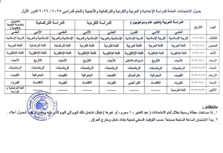 التربية تعلن جدول الامتحانات العامة للدراسة الإعدادية وضوابط الاشتراك للمراحل المنتهية