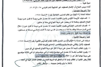 بالوثيقة.. التربية تحدد ضوابط النجاح والإكمال للصفوف غير المنتهية