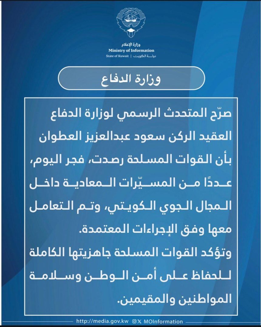 الجيش الكويتي: رصدنا فجر اليوم مسيرات دخلت مجالنا الجوي وتم التعامل معها